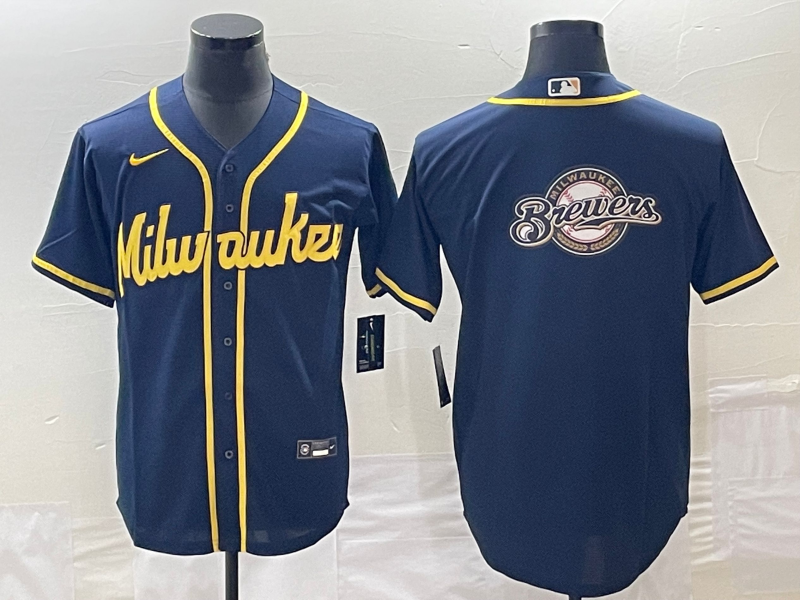 Men's Milwaukee Brewers Navy Team Big Logo Cool Base Stitched Jersey Men's Milwaukee Brewers Navy Team Big Logo Cool Base Stitched Jersey